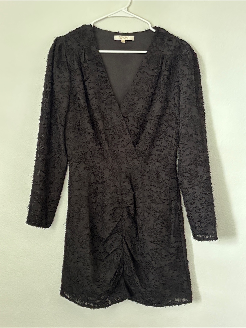 Wayf Rae Puff Sleeve Ruched Mini Dress Black Textured Fitted LBD V Neck
